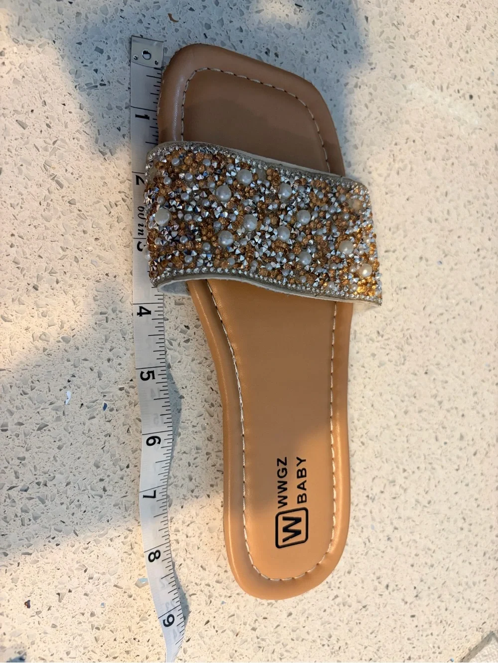 Girls size 35 sparkle gold and pearl slides